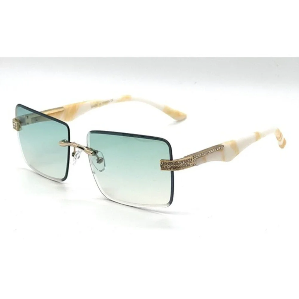 Classic Elegant Sophisticated Modern Women SUNGLASSES Rimless Green Lens Diamond